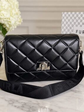 Furla 1927 Black Quilted Leather Crossbody Bag NWOT